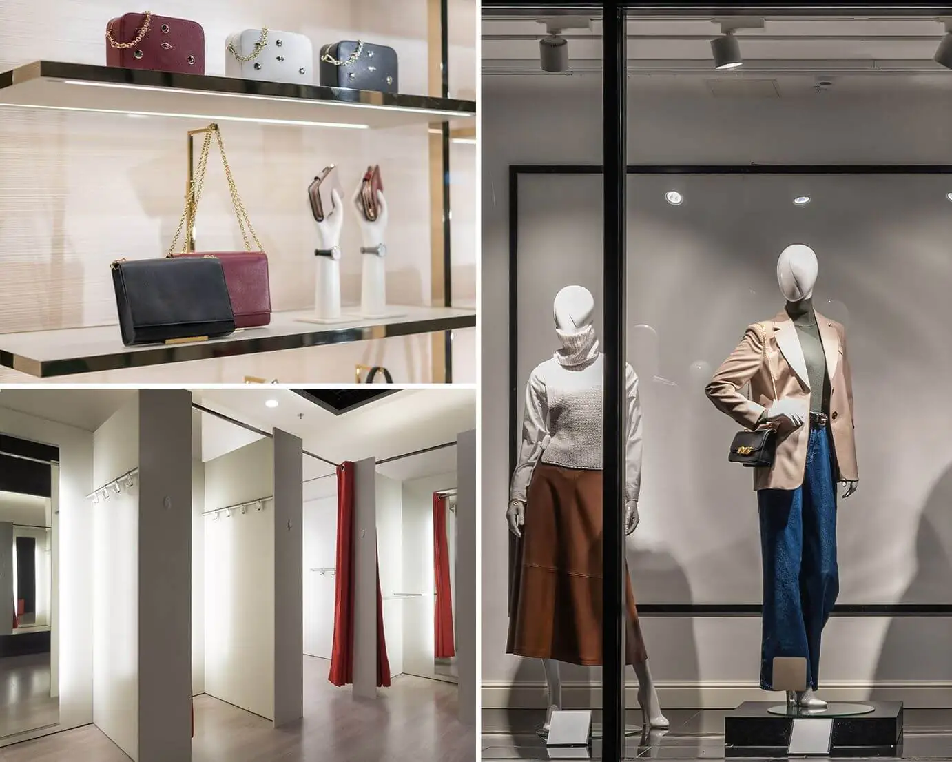 Handtasche auf einem Regal (AdobeStock/ THINK b), Umkleidekabienen (AdobeStock/Anton Gvozdikov), Schaufensterpuppen (AdobeStock/welcomeinside)